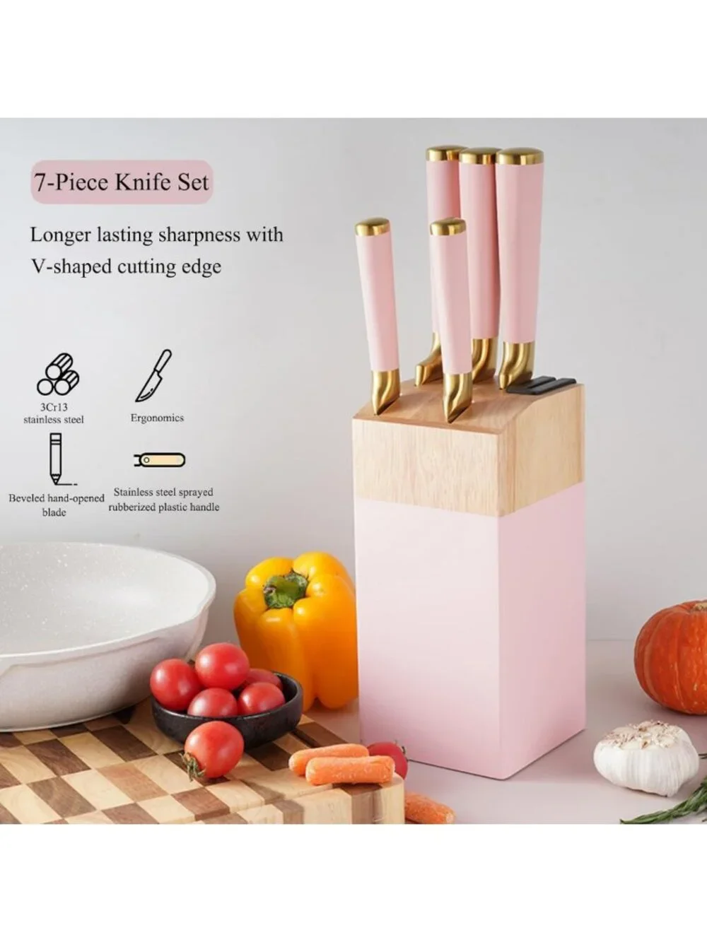 Aesthetic Gold & Pink Kitchen Knife Set with Wooden Block & Sharpener - Cute